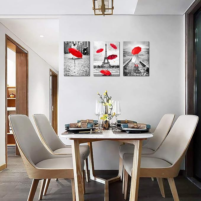 Black and white landscape Eiffel Tower 3 Piece Wall Art for Living Room Bathroom Decorations Kitchen Wall decor modern red umbrella Poster Canvas Print Office Bedroom Home Decoration wall paintings-PawvioPets