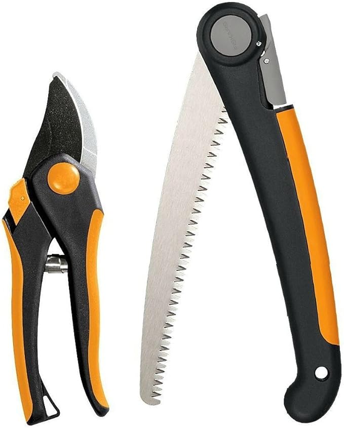 Fiskars Folding Saw and Pruner Set, Garden Clippers, Gardening Scissors with Sharp, Rust Resistant Steel Blade with Folding Pruner Saw with Power Tooth Saw Blade-PawvioPets