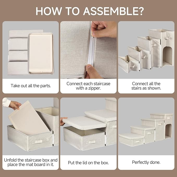 Dog Stairs with Storage, Folding Pet Steps with Zip for Small Dogs and Cats, 4-Step Pet Stairs with Pet House for High Bed, Couch and Car Ramp, Up to 200 Lbs (Beige, 4 Steps with Condo)-PawvioPets