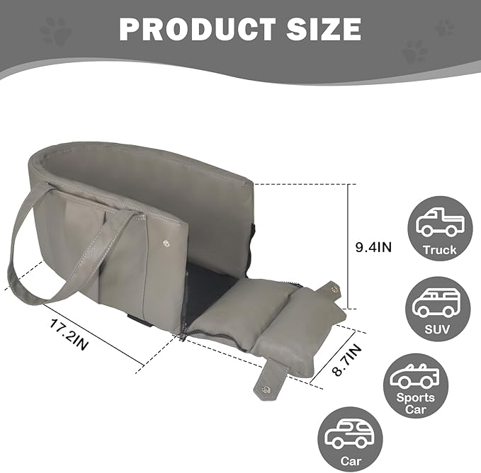 2 and 1 Center Console Dog Car Seat & Carrier for Small Dogs, Large Leather Dog Car Bed with Storage Pocket, Waterproof PVC Leather Seat Travel Bed for Front & Back Seat, Clip-On Safety Leash-PawvioPets