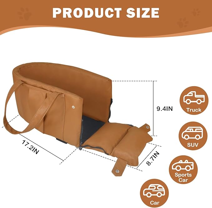 2 and 1 Center Console Dog Car Seat & Carrier for Small Dogs, Large Leather Dog Car Bed with Storage Pocket, Waterproof PVC Leather Seat Travel Bed for Front & Back Seat, Clip-On Safety Leash-PawvioPets