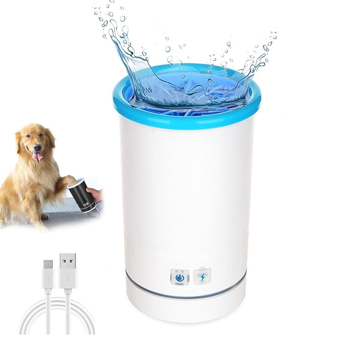 Automatic Dog Cleaner, Soft Electric Washer USB Rechargeable Portable Cleaner Cup, Dog Foot Cleaning Machine for Small to Medium Dogs Cats (White Blue)-PawvioPets