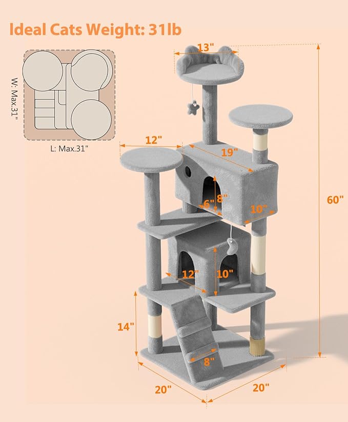 60'' Cat tree Tower for Indoor Cats Large Adult,Cute/Tall Modern Cat Tree for Big Cats 20 lbs,Plush Multi-Level Cat Condo with Scratching Posts,Dangling Ball for fun play(Light Gray, 60 inch)-PawvioPets