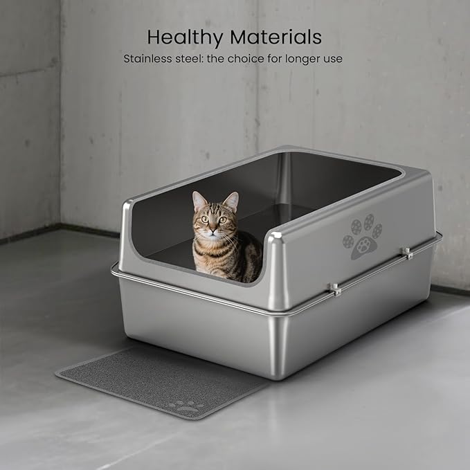 Enclosed Stainless Steel Cat Litter Box with Lid, Oversize Metal Litter Box for Multi Cats, XXXL Supersize Cat Toilet with High Side, Non-Stick, Anti-Leakage, Odorless, with Litter Mat & Litter Scoop-PawvioPets