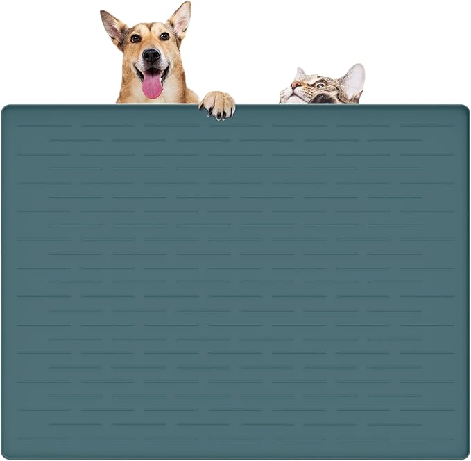 32" x 24" Large Pet Food Mat, Silicone Dog Mats for Food and Water, Nonslip Pet Feeding Mats for Floors,Dog Cat Bowl Mat with Raised Edges, Dark Green-PawvioPets