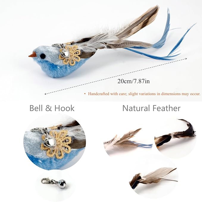12PCS Interactive Cat Feather Wand Toy Set – 11 Bird & Feather Teaser Refills with Bells + Flexible Suction Cup Wand – Realistic Bird Design, Natural Materials, Indoor Cat Toys for Exercise & Play-PawvioPets