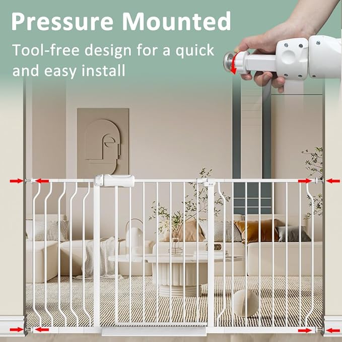 57.5"-62" Extra Wide Auto Closing Baby Safety Gate for Stairs & Doorways, Pressure Mounted No Drill Pet Gate with Walk-Through Door - Heavy Duty Childproof Gate for Toddlers, Kids, Dogs (White)-PawvioPets