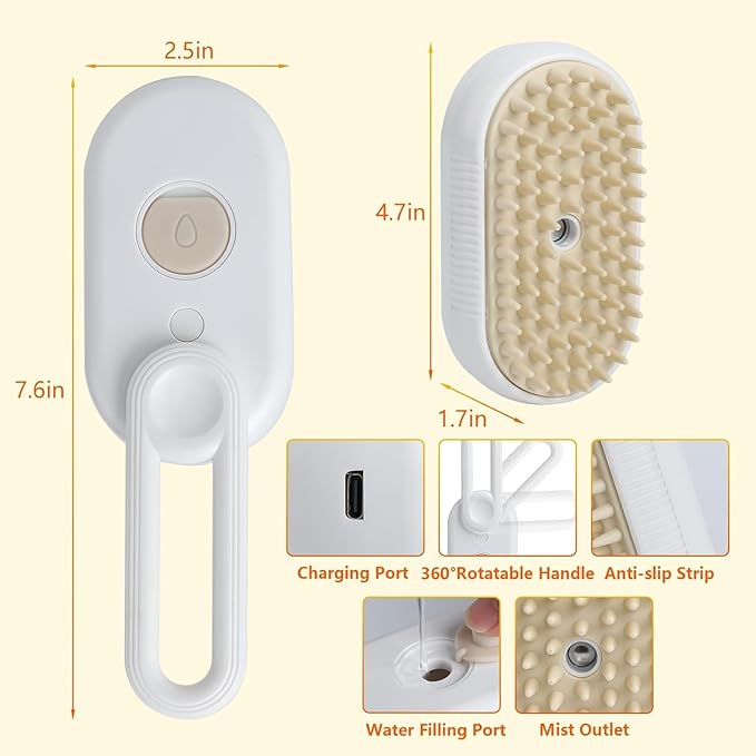 4 in 1 Cat Steam Brush Rechargeable pet spray comb Steam Brush for Cats and Dogs, Massage, Cleaning, Shedding & Combing Multifunctional Hair Removal Anti Static Grooming Tool for home (White)-PawvioPets