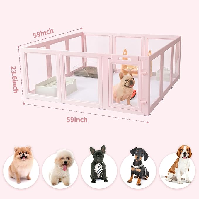 DIY Clear Acrylic Dog Playpen House,Quick Easy Assembly and Disassembly,Strong Floor Suction,Indoor and Outdoor Use,Easy Cleansing Puppy Fence (Skin Pink, 23.6" H, 12PCS)-PawvioPets
