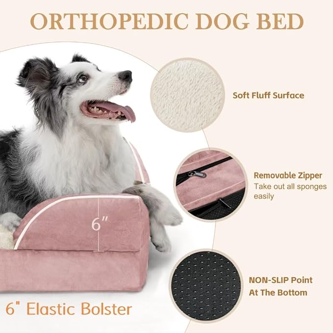 Comfort Expression XXL Orthopedic Dog Beds, Waterproof Orthopedic Foam Extra Large Dog Beds, Washable Pet Sofa Couch with Removable Cover & Non-Slip Bottom(XX-Large,Pink)-PawvioPets