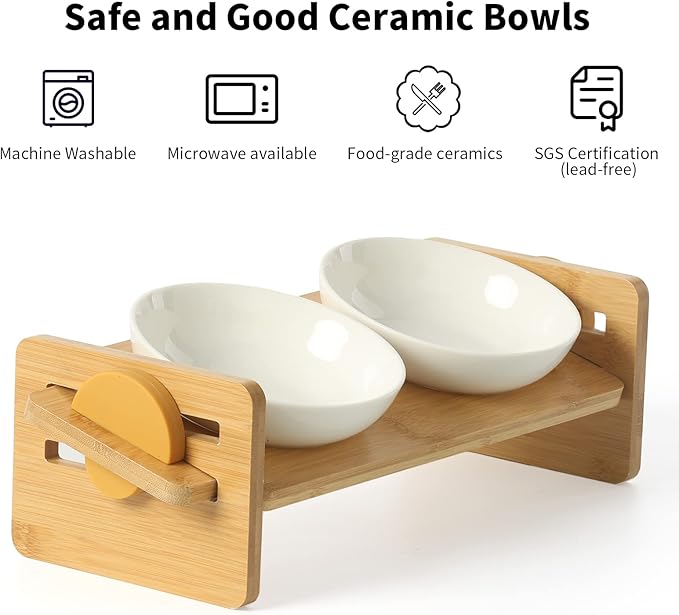 FUKUMARU Elevated Cat Ceramic Bowls, Small Dog 15° Tilted Raised Food Feeding Dishes, Solid Bamboo Water Stand Feeder Set for Cats and Puppy-PawvioPets