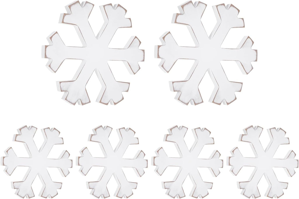 6Pcs Snowflake Decorations Christmas Decor White Winter Wooden Snowflakes Standing Christmas Tiered Tray Decor Table Signs Winter Wonderland Decorations for Indoor Home Xmas Shelf Fireplace Mantel