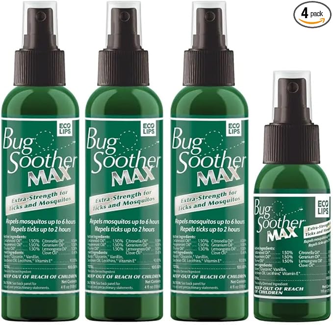 Bug Soother MAX - Extra Strength Natural Gnat, Tick, and Mosquito Repellent, 3 Pack 4 fl oz w/Free 1 oz. Bug Spray Deterrent - DEET Free - Safe for Adults & Environment - Made in USA-PawvioPets