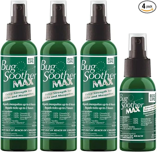 Bug Soother MAX - Extra Strength Natural Gnat, Tick, and Mosquito Repellent, 3 Pack 4 fl oz w/Free 1 oz. Bug Spray Deterrent - DEET Free - Safe for Adults & Environment - Made in USA-PawvioPets