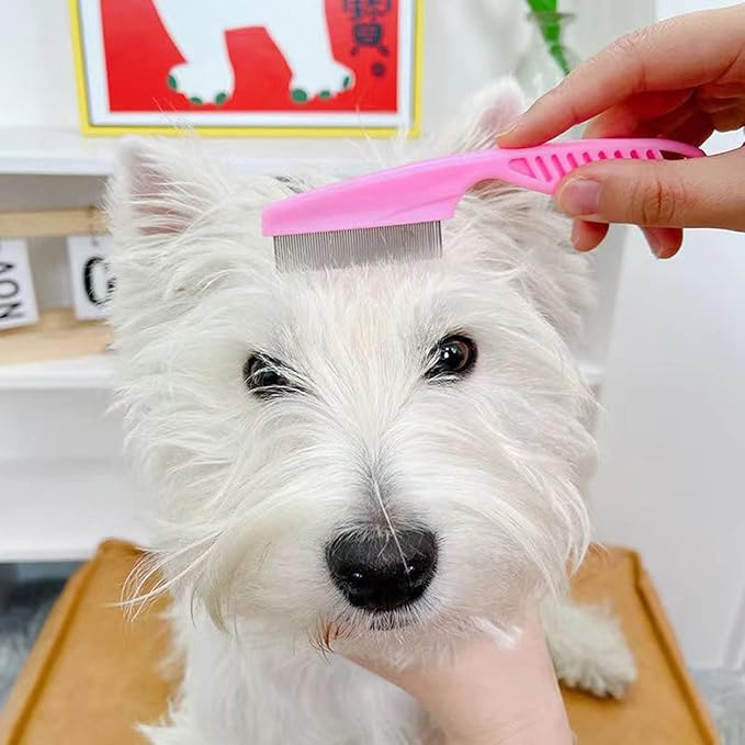 Flea Comb Lice Comb Cat Comb Dog Comb Pet Grooming Combs Tear Stain Remover Comb Remove Mucus Crust 2-in-1 Metal Round Smooth Teeth Comb Remove Floating Hair Tangles Dander (pink)-PawvioPets