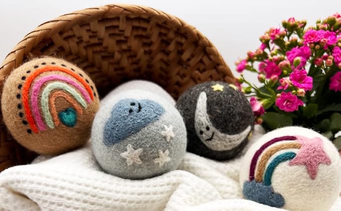 Fluff Ewes Wool Dryer Balls 6 Pack Premium New Zealand Wool Laundry Balls for Dryer, No Static Dryer Balls Laundry Reusable, XL Wool Dryer Balls Cute, Baby Dryer Balls for Dryers - Rainbow or Shine-PawvioPets