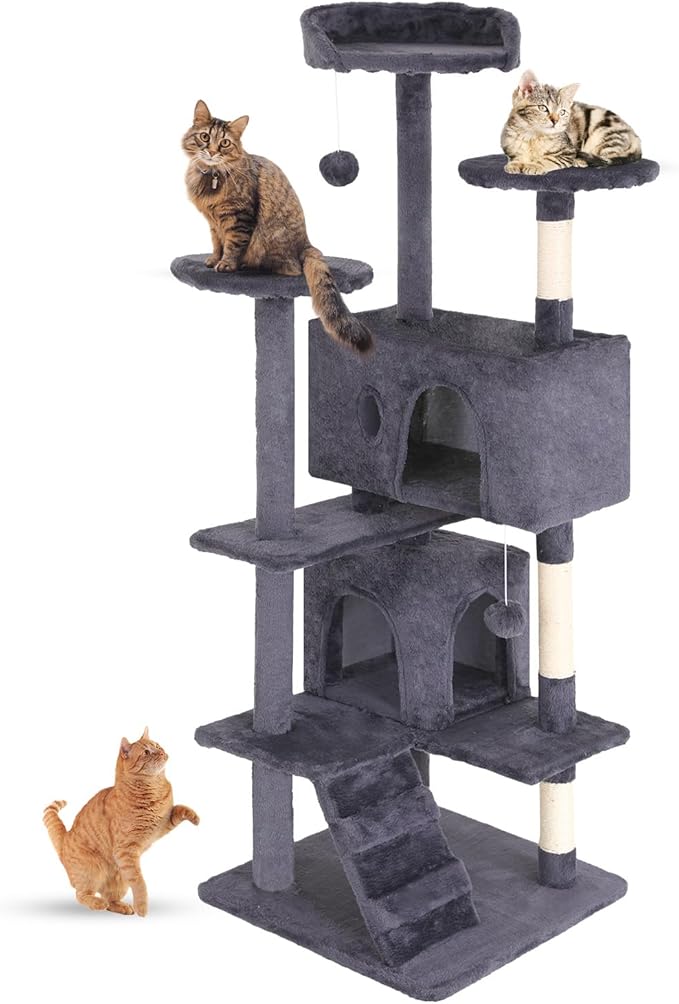 FDW Cat Tree 54in Cat Tower Multi-Level Durable Cat Scratching Post & Cozy Fun Cat Jumping Platform Space Saving Cat Condo Pet Play House for Indoor Cats,Ashy-PawvioPets