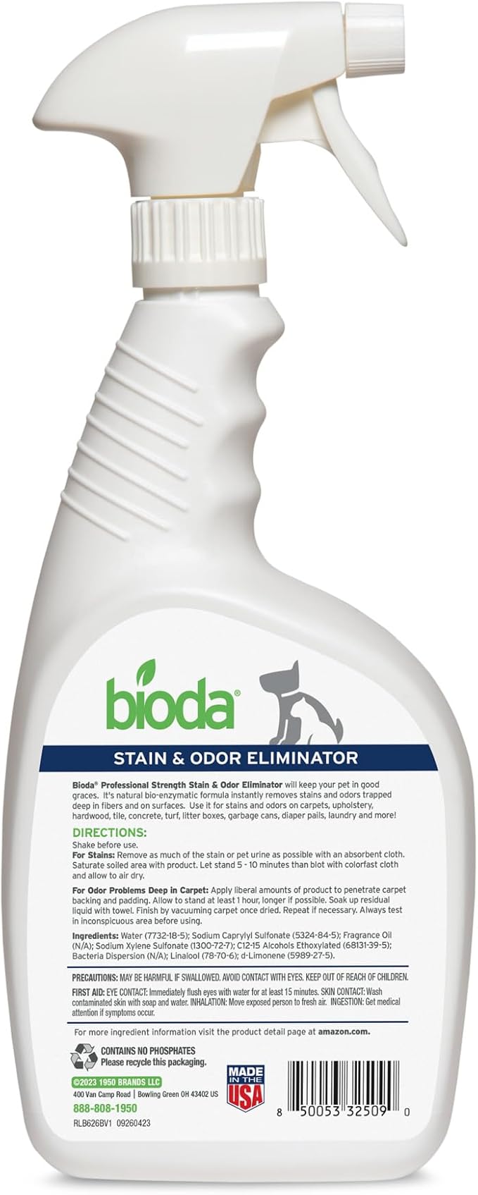 Bioda Commercial Strength Enzymatic Stain & Odor Eliminator for Pets | Industrial-Grade Formula Removes Dog and Cat Urine | USA Made Carpet Spot Cleaner | 32oz Sprayer-PawvioPets