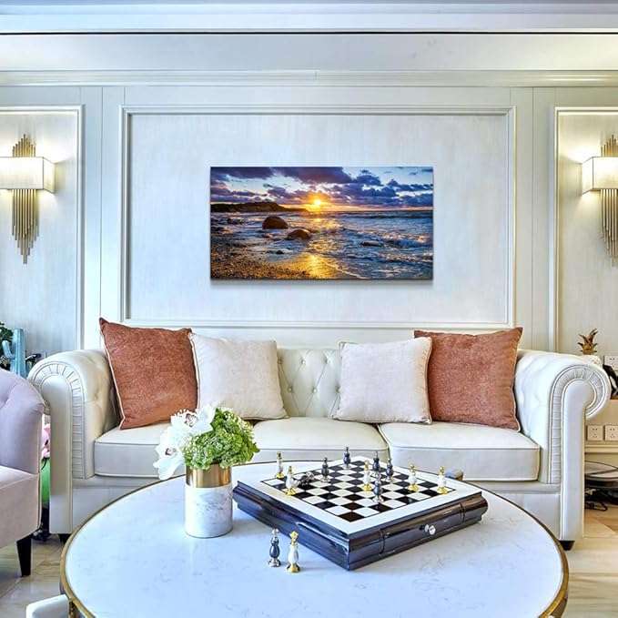 canvas wall art for living room bedroom Wall Decor blue ocean landscape painting Hang Home Decoration office bathroom kitchen sun beach sea golden Waves on the beach canvas art Prints pictures Works-PawvioPets