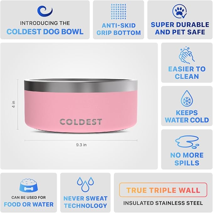Coldest Dog Bowl - Anti Rust Metal, Non Slip, 3 Layers Insulated Stainless Steel Dog Bowls - Spill Proof & Heavy Duty - Water Bowl for Dogs, Cats & Pets, Dish Washer Safe (100 oz, Cotton Candy Pink)-PawvioPets