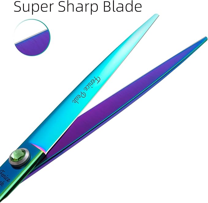 Fenice Peak 7.5'' Green Straight Dog Grooming Scissors Pet Shears with Ergonomic Offest Handle and Simulated Emerald Screw 440C Grooming Scissors Trimming Shears Durable and Sharp-PawvioPets