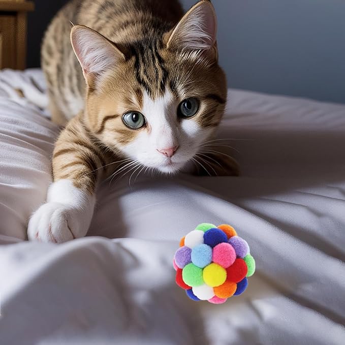 9PCS Cat Toy Balls, 1,75'' Soft Pom Pom Ball for Kittens, Colorful Soft Fuzzy Balls Built-in Bell for Cats, Interactive Playing Chewing Toys for Indoor Cats and Kittens, Cute Kitten Kitty Toys-PawvioPets