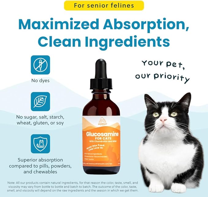 100% Natural Liquid Glucosamine Chondroitin with MSM for Cats, Hip & Joint Supplement for Senior Felines, Arthritis Support & Mobility Booster Glucosamine Drops, 2 Oz-PawvioPets