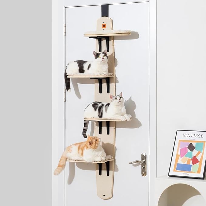 Door Hanging Cat Shelf, Multi Level Door Hanging Cat, Cat Tree Door Hanger Mounted Cat Shelves Cat Ladder, 4-Levels Over Door Cat Climber for Indoor Cats-PawvioPets