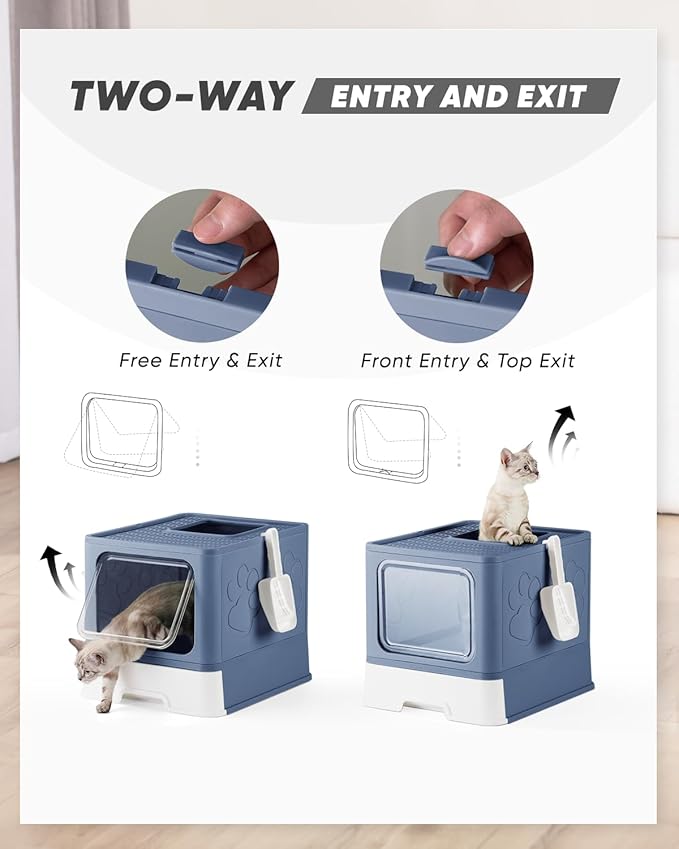 Enclosed Cat Litter Box, Large Litter Box for Big Cats, Covered Kitty Litter Boxes with Lid, Top Entry Cat Box Enclosure with Scoop, Odor Control, Easy to Clean(Blue)-PawvioPets