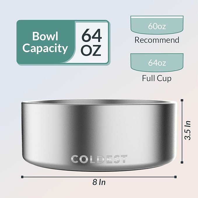 Coldest Dog Bowl - Anti Rust Metal, Non Slip, 3 Layers Insulated Stainless Steel Dog Bowls - Spill Proof & Heavy Duty - Water Bowl for Dogs, Cats, Dish Washer Safe (64 oz, Polished Stainless Steel)-PawvioPets