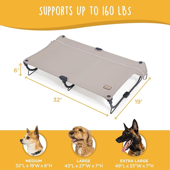 Daisy Cot, Medium Foldable Elevated Dog Bed, Portable Raised Outdoor Folding Dog Cot, Cooling, Chew Proof, Waterproof, Heavy Duty Up to 160 lbs for Camping/Home, Brown, 32"x 19"x6"-PawvioPets