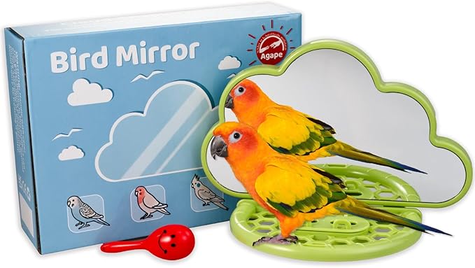 Agape Bird Mirror with Perch&Slow Feeder, Birds Toys for Boredom&Anxiety, Bird Cage Accessories for Parrots to Expend Energy, Interactive Toys for Parakeet, Cockatiel, Lovebird, Conure, Finch, Budgies-PawvioPets