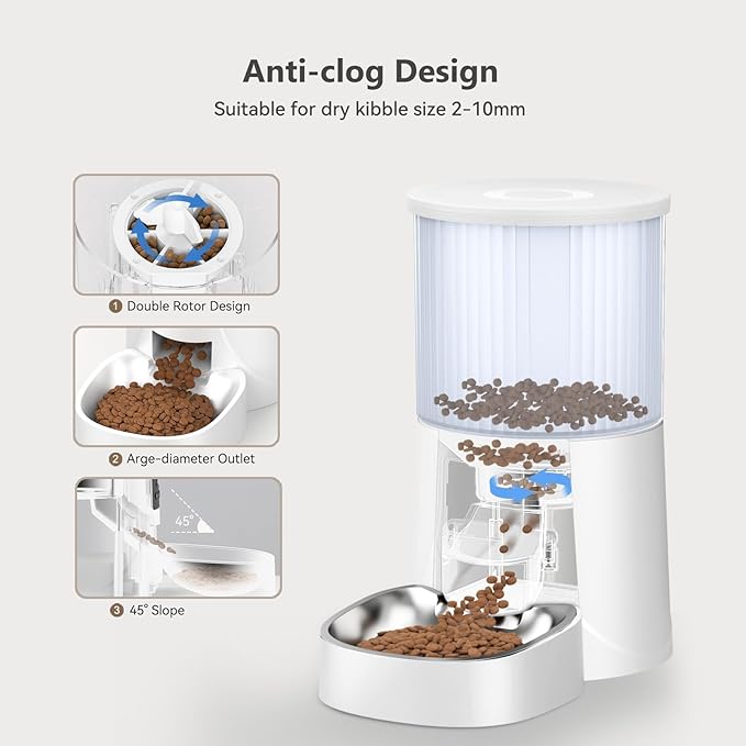 Automatic Cat Feeder: 4L Timed Cats Food Dispenser Programmable 1-6 Meal for Cat and Small Medium Dog- Auto Pet Feeder Dual Power Supply with Stainless Steel& | Detachable Washable White-PawvioPets
