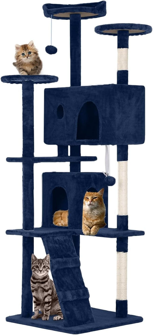 70 Inches Multi-Level Cat Tower for Indoor Cats - XL Tree Climbing Condo With Scratching Posts and Hanging Toys, Navy Blue-PawvioPets