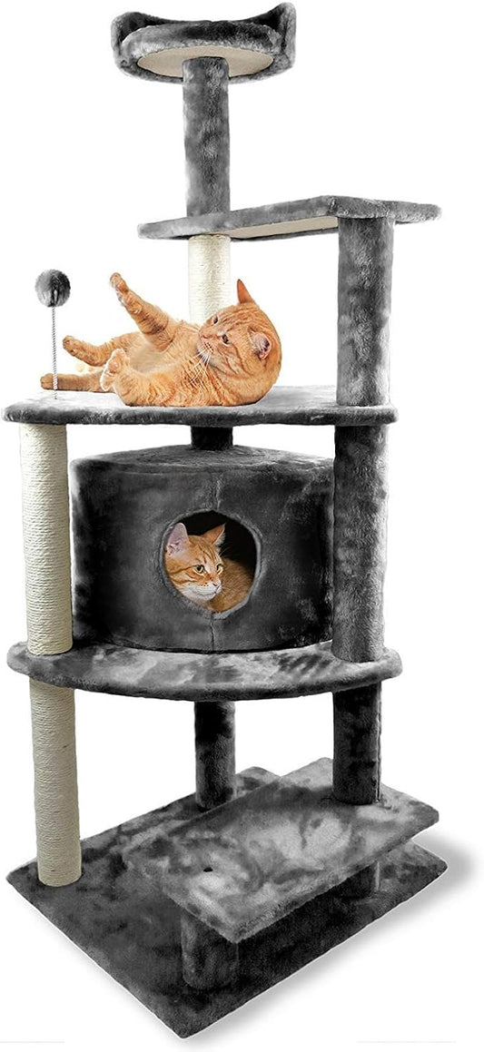 Furhaven 59.8" Tall Cat Tree for Indoor Cats, Ft. Sisal Scratching Posts, Condo, & Toys - Tiger Tough Platform House Interactive Playground Tower - Gray, One Size-PawvioPets