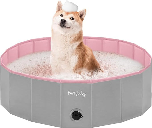 Furrybaby Dog Pool, Kiddie Pool with Hard Plate Collapsible Pet Bath Foldable Swimming Pet Pool Portable Pink 39''-PawvioPets