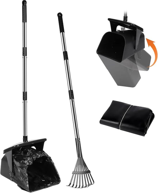 Dog Pooper Scooper with 20 Bag Attachment Long Handle Swivel Bin, Rake Heavy Duty Pooper Scooper for Large Medium Dogs Easy to Clean Poop Scooper for Yard, Grass, Gravel-PawvioPets