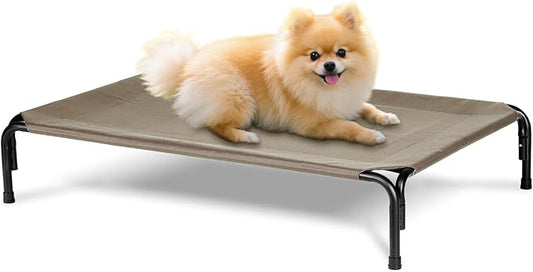 Elevated Dog Bed Outdoor, Medium Raised Cooling Dogs Cot, Lifted Pet Beds with Durable Breathable Teslin Mesh, Pet's Hammock with Non-Slip Feet, 35 inch Brown-PawvioPets