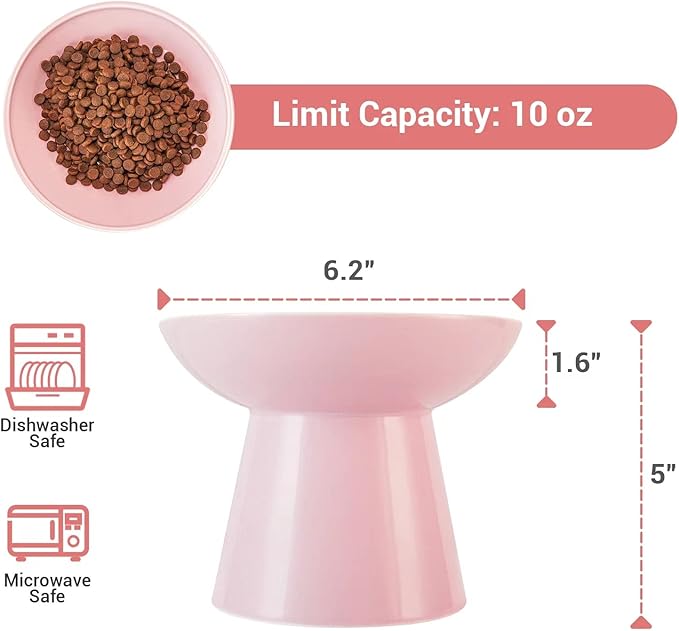 Extra Wide Elevated Ceramic Cat Food Bowl - 6.2" Shallow Dish for Whisker Fatigue Relief, 5" Height for Easy Feeding, Lead & Cadmium Free, Durable Raised Cat Food Bowls, Pink-PawvioPets
