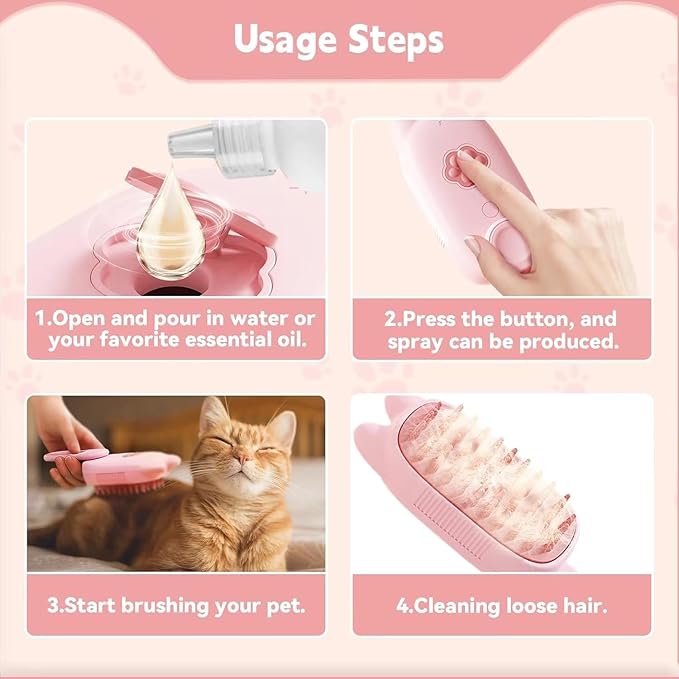 4 in 1 Cat Steam Brush Rechargeable pet spray comb Steam Brush for Cats and Dogs, Massage, Cleaning, Shedding & Combing Multifunctional Hair Removal Anti Static Grooming Tool for home (Pink)-PawvioPets