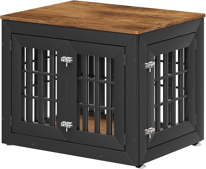 32" Heavy Duty Dog Crate Furniture for Small,Medium and Large Dogs,Rustic Wooden Dog Cage Kennel Indoor Furniture with Waterproof Top,Decorative Pet House Side End Table (Black & Wood)-PawvioPets