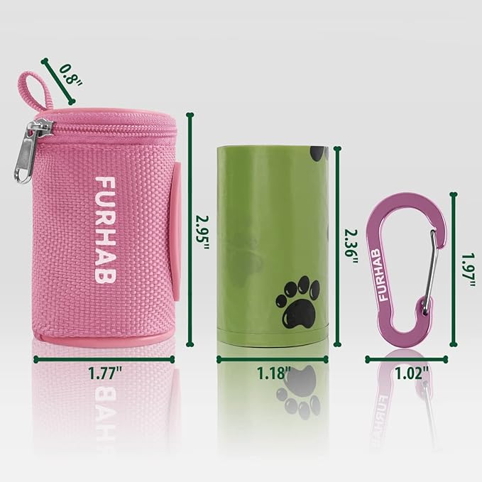 Dog Poop Bag Holder for Leash Doggie Waste Bag Dispenser Soft Fabric Puppy Potty Carrier Small Doggy Zipper Pouch with Carabiner Clip 1680D Nylon Oxford with 1 Roll of Pet Trash Bags, Pink-PawvioPets