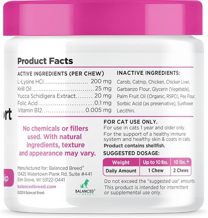 Balanced Breed L-Lysine Cats Immune Support Soft Chews Made in USA Vet-Pharmacist Approved Seasonal Allergy Relief Cat Vitamins Indoor Cats Supplements Krill Oil Asthma Relief Cat Lysine Treats NonGMO-PawvioPets