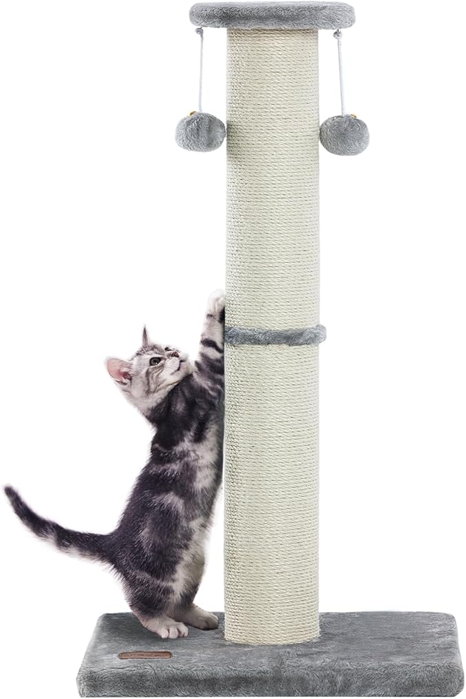 Kilodor 34Inch Tall Cat Scratching Post,4.3Inch Diameter Large Sisal Cat Scratch Post with Ball, Sturdy and Durable Cat Scratcher for Indoor Cats Adults Grey-PawvioPets