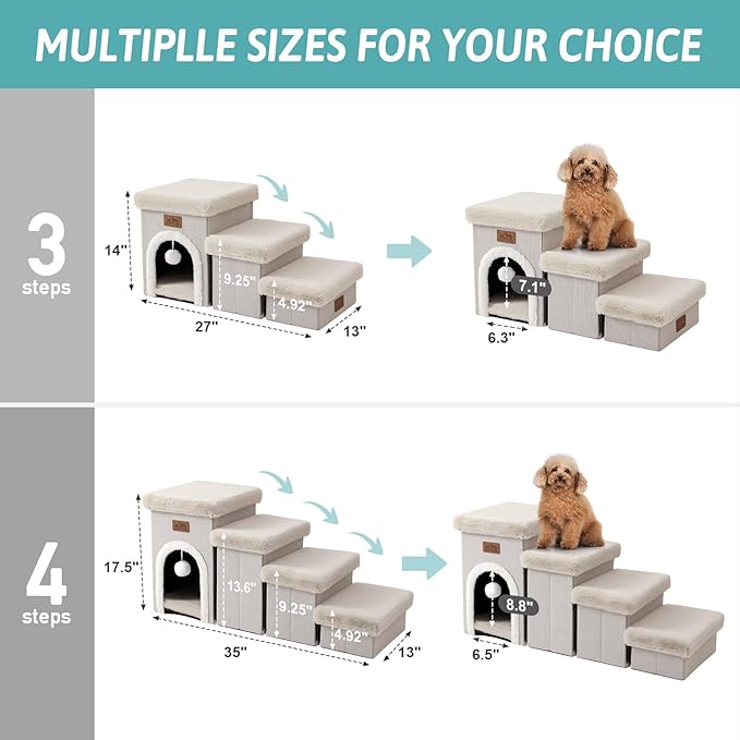Dog Stairs for Small Dogs with Storage and Condo, 14" H Foldable Pet Stairs for Small Medium or Puppy Dogs and Older Cats, Dog Steps for Bed or Couch, 13x27x14 inch, 3 Tiers, Beige-PawvioPets