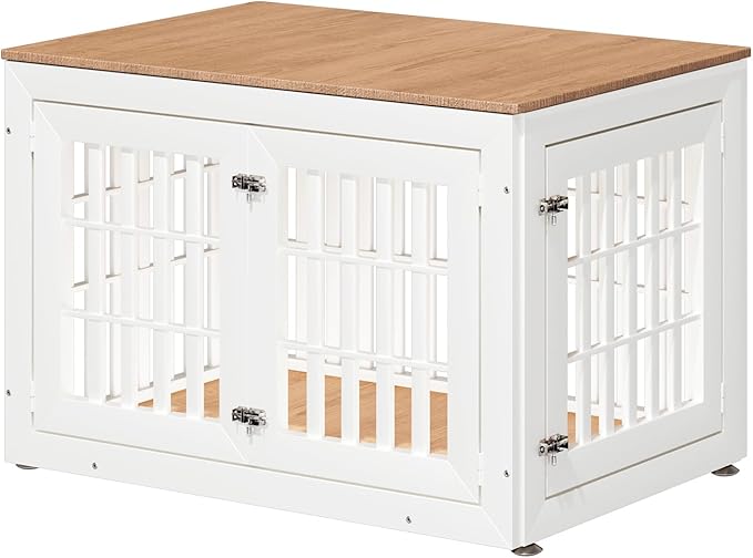 42" Heavy Duty Dog Crate Furniture for Small,Medium and Large Dogs,Rustic Wooden Dog Cage Kennel Indoor Furniture with Waterproof Top,Decorative Pet House Side End Table (White & Wood)-PawvioPets