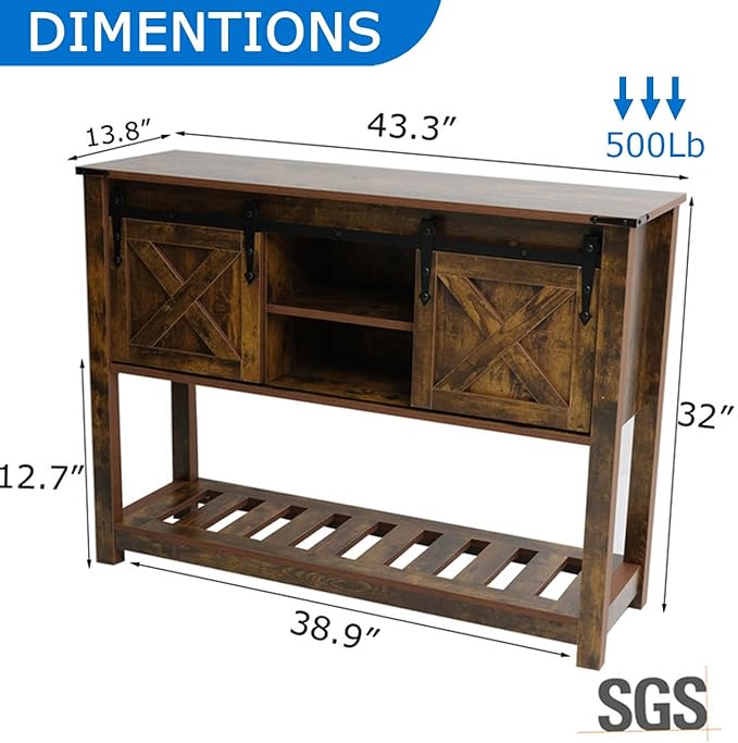 Entryway Table with Storage, Farmhouse Buffet Cabinet Coffee Bar Kitchen Island with Sliding Barn Doors & Shelves, Console Table for Kitchen, Dining Room, Living Room, Brown-PawvioPets