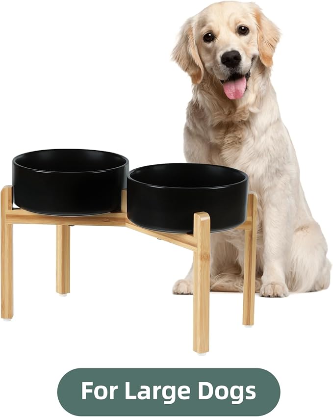 Ceramic Raised Double Bowls Set with Stand, Food & Water Bowls for Large Breed Dogs, Weighted Dog Dishes, Pet Bowl(8.2'',60OZ, Black)-PawvioPets
