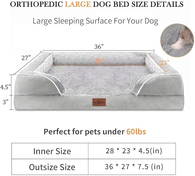 Comfort Expression Orthopedic Memory Foam Dog Bed, Waterproof Dogs Beds Large Sized, Washable Cooling Dogs Beds with Removable Cover, Pet Sofa with Bolster(Large,Light Grey)-PawvioPets
