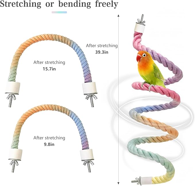 3pcs Gradient Colorful Bird Rope Perch Stand,Bird Cage Climbing Rope Toys Accessories,Bendable Climbing,Parakeet Lovebirds Cockatiels Budgies Play (9.8'',15.7'',39.3'')-PawvioPets